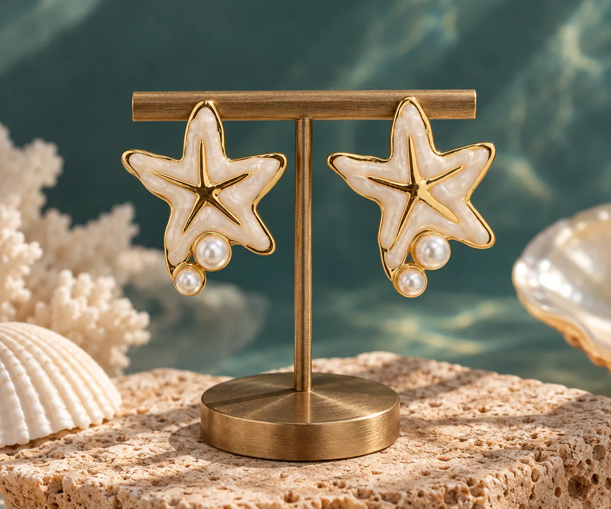 Ivory Tide Starfish Stud Earrings – Gold Plated 304 Stainless Steel with Enamel